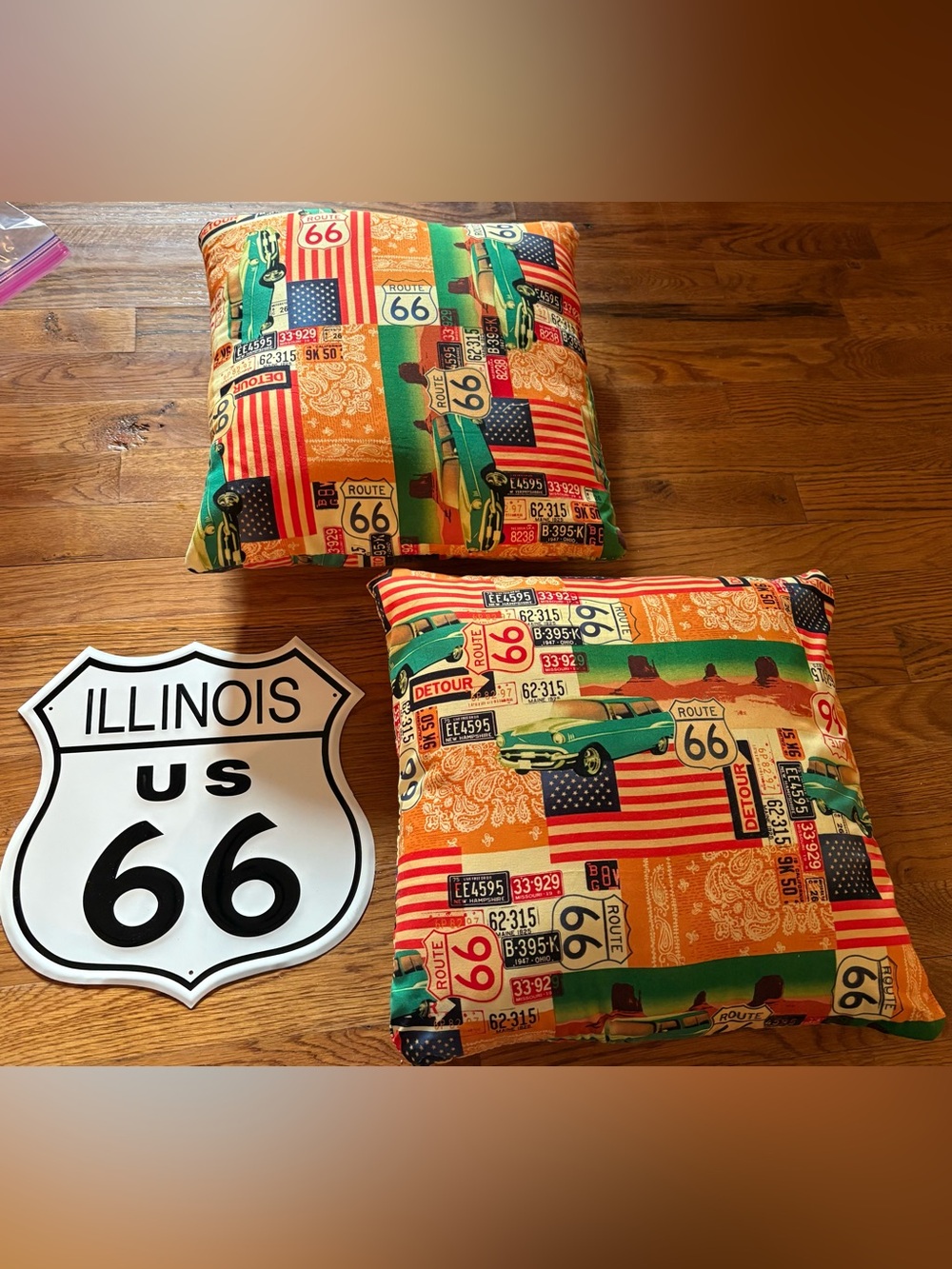 Route 66 Metal Sign & Accent Pillows